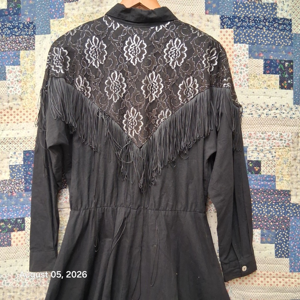 Vintage 80s Lilia Smith Dress Womens Large Black Lace Fringe Western Rodeo Maxi - Picture 5 of 12